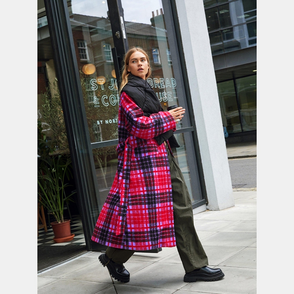 Nasty Gal Check Print Longline Coat with Tie Belt Size Small